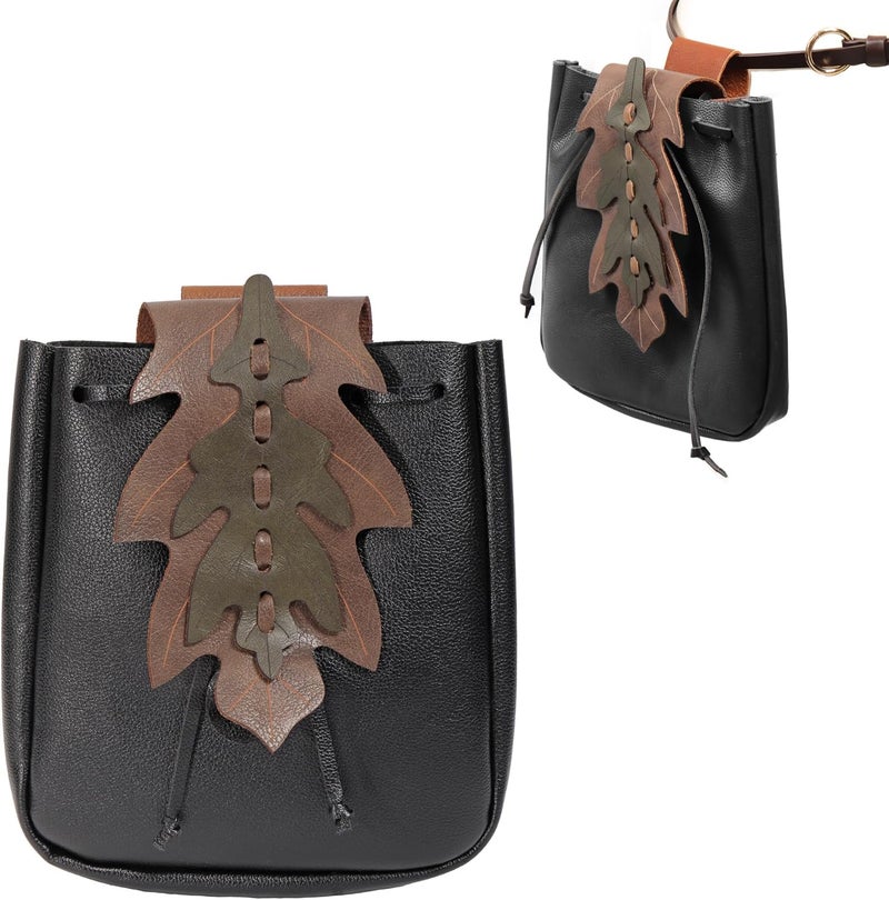 Procos Renaissance Belt Pouch Coins Purse Drawstring PU Leather Leaf Medieval Waist Bag for LARP Ren Faire - Image 1